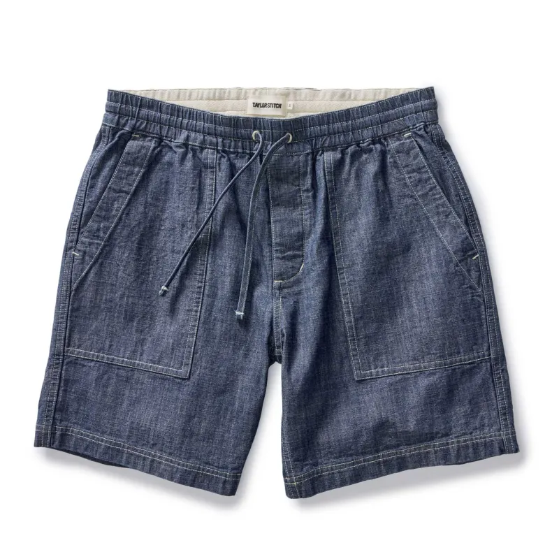 The Breakwater Short in Washed Indigo Chambray sold by Taylor Stitch