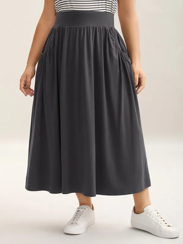 Supersoft Wide Waistband Pleated Plain Midi Skirt sold by Bloomchic