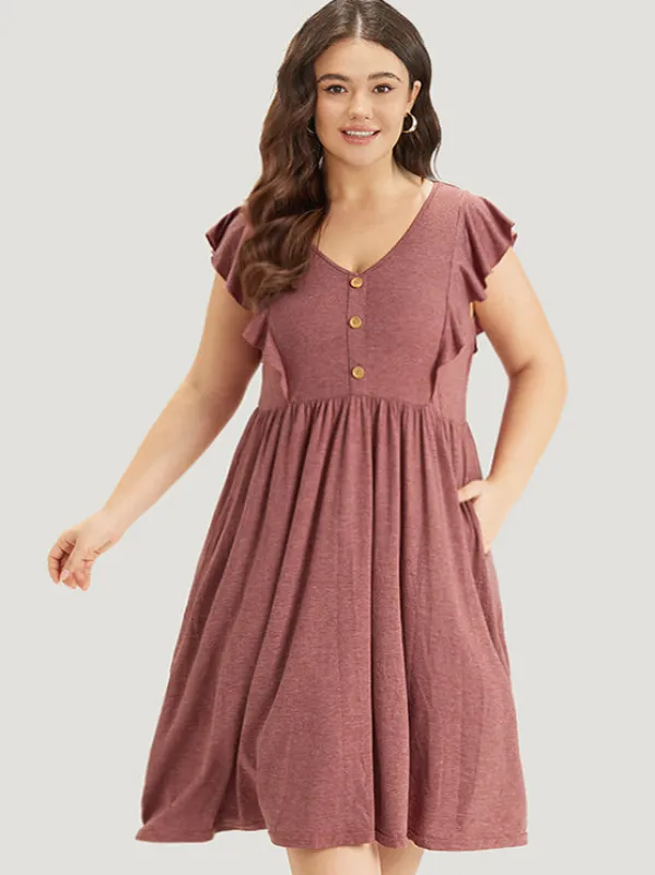 Supersoft Essentials Solid Flutter Trim Button Detail Gathered Dress sold by Bloomchic