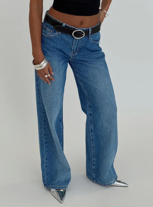 On Sunset Mid Rise Straight Leg Jeans Dark Wash sold by Princess Polly