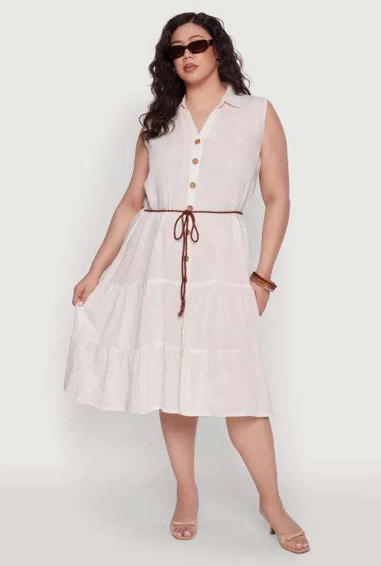 Plus Size Linen Sleeveless Button Front Dress sold by Rainbow