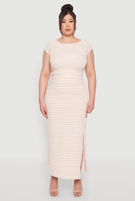 Plus Size Almost Famous Textured Knit Striped Side Slit Skirt sold by Rainbow