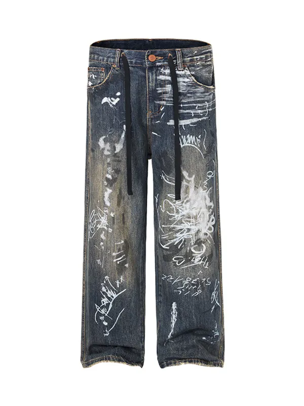 Print Hand-Painted Graffiti Drawstring Baggy Jeans sold by Thesupermade