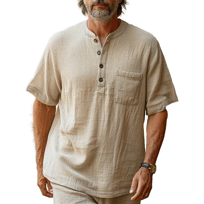Men's Solid Linen Loose Casual Henley Shirt 81417176P sold by Manly