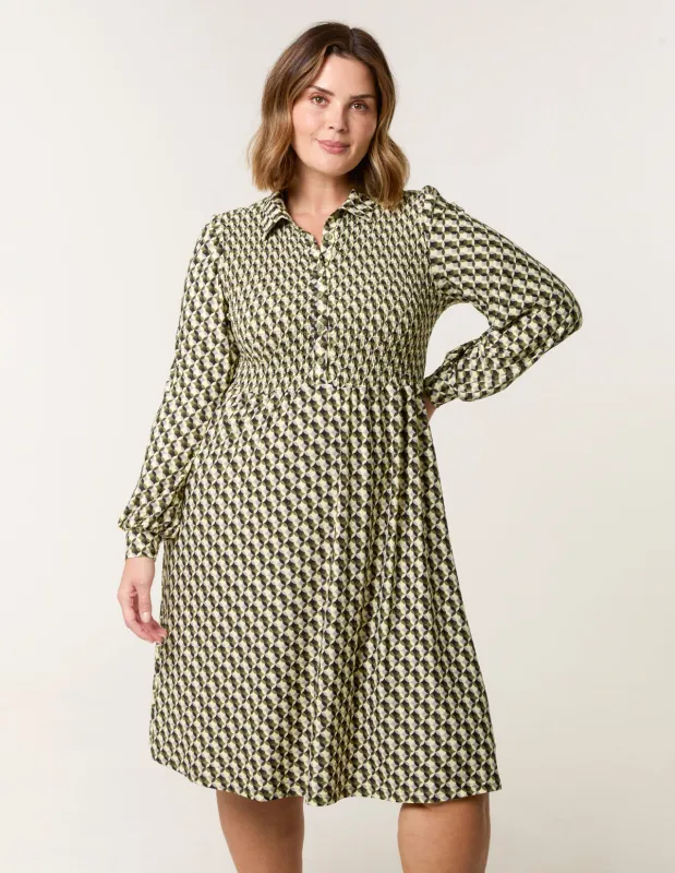 Curve Shirred Geometric Mini Shirt Dress sold by Blue Vanilla