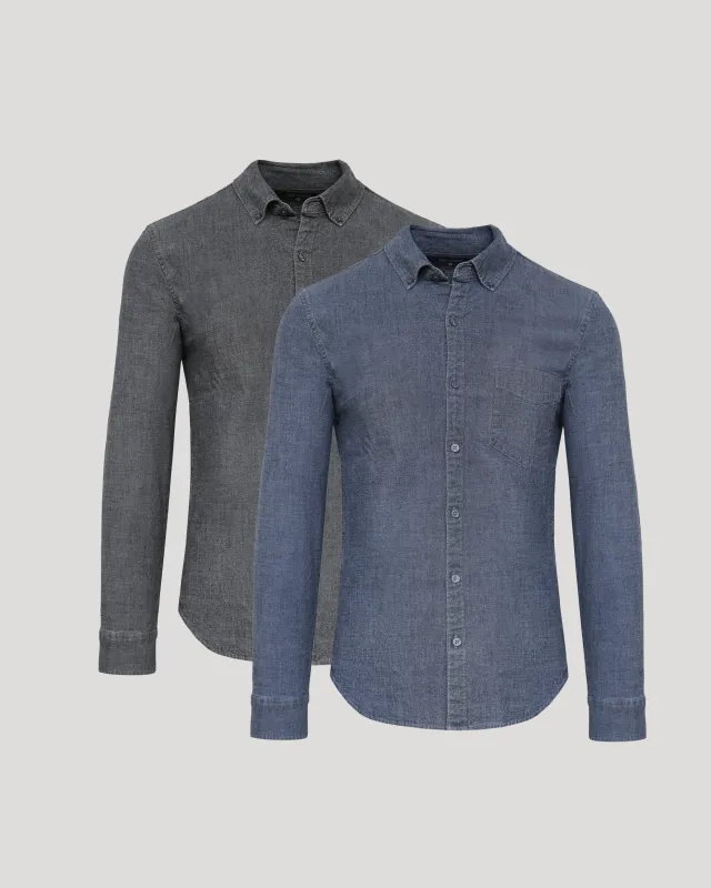 Black & Medium Indigo Wash Long Sleeve Chambray Shirt 2-Pack sold by True Classic