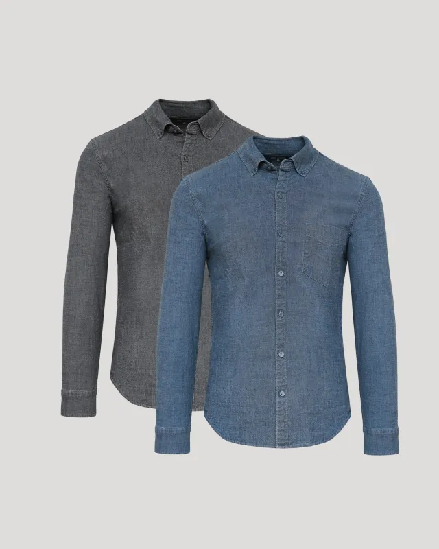 Black & Light Indigo Wash Long Sleeve Chambray Shirt 2-Pack sold by True Classic