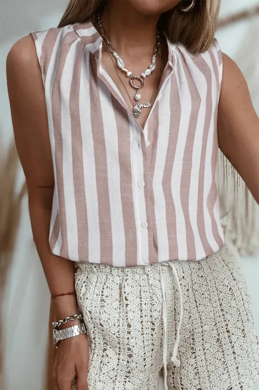 Khaki Stripe Casual Button Down Sleeveless Shirt sold by Beagle Boutique