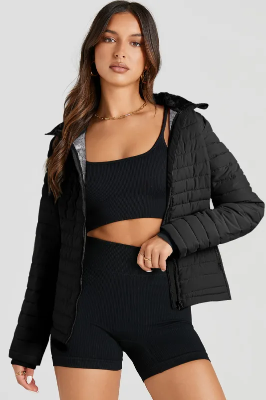 Black Solid Color Quilted Zip-up Puffer Jacket sold by Beagle Boutique