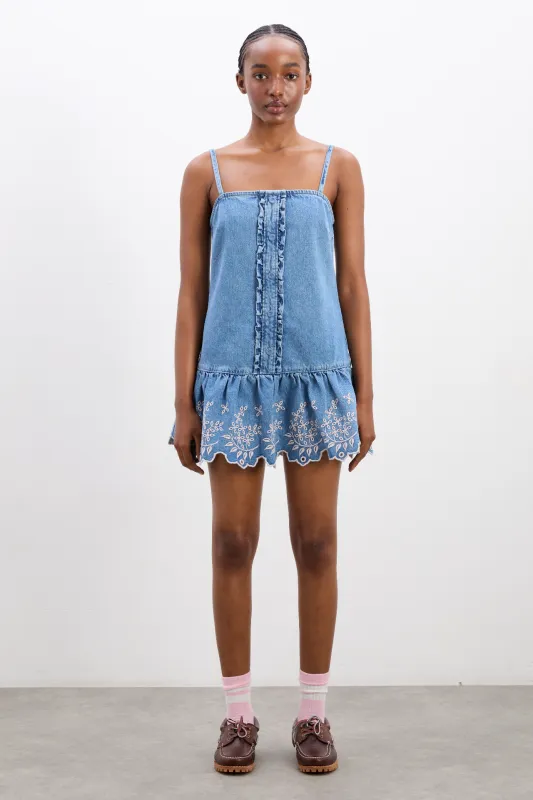 lana mini dress - embroidered denim sold by Damson Madder