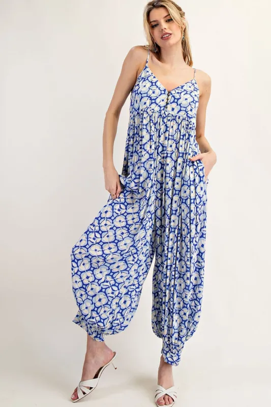 Royal Blue Printed Button Detail Jumpsuit sold by Pinkblush