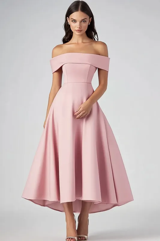 Off The Shoulder Pink A Line Satin Formal Dress sold by Zapaka