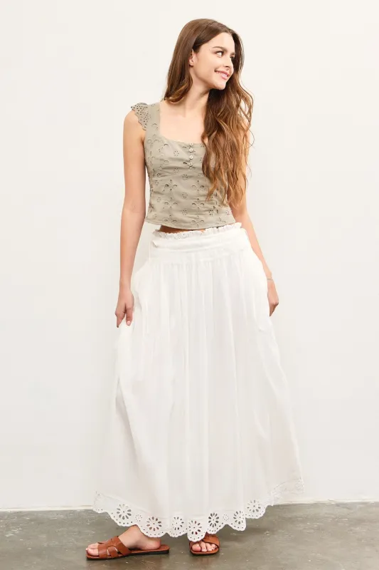 White Smocked Waist Eyelet Lace Hem Maxi Skirt sold by Pinkblush