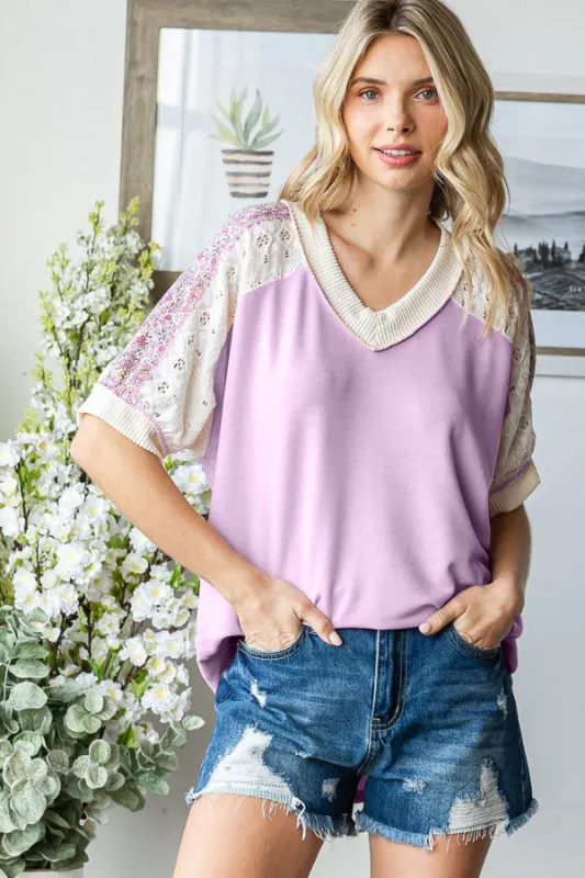 Lavender Floral Lace Inset Short Sleeve Top sold by Pinkblush