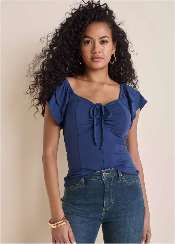 Flutter Sleeve Fitted Top  - Dark Blue sold by VENUS