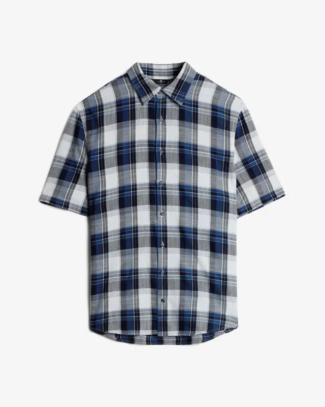 Short Sleeve Button Up Shirt in Indigo Check sold by 7 For All Mankind