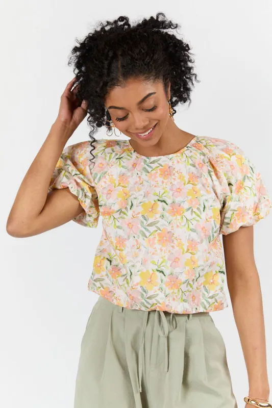 Summer Solstice Yellow Bubble Hem Woven Floral Blouse sold by Pink Lily