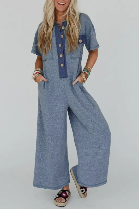Beau Blue Half Placket Chest Pockets Short Sleeve Wide Leg Jumpsuit sold by Beagle Boutique