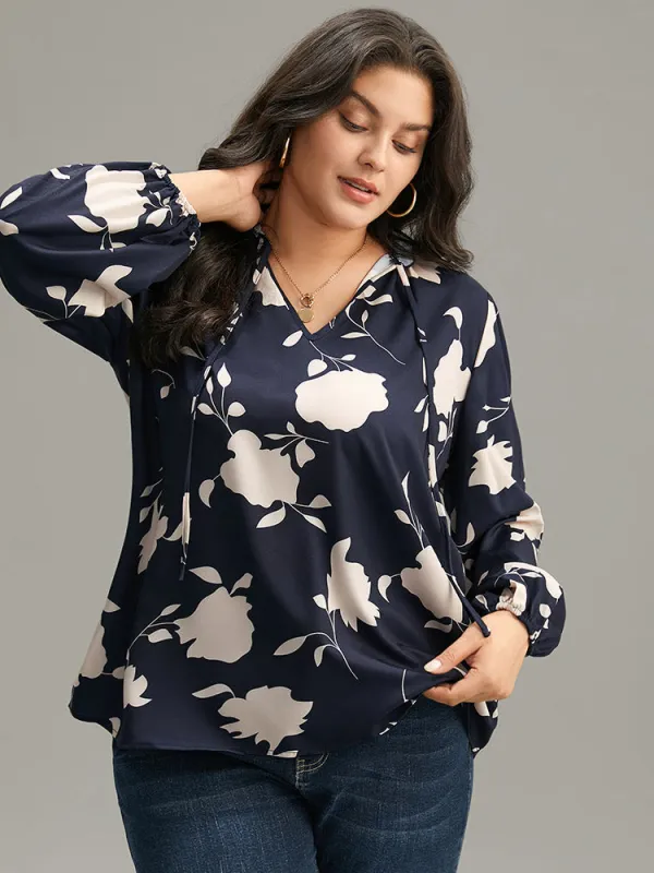 Silhouette Floral Print Stand Collar Tie Neck Blouse sold by Bloomchic
