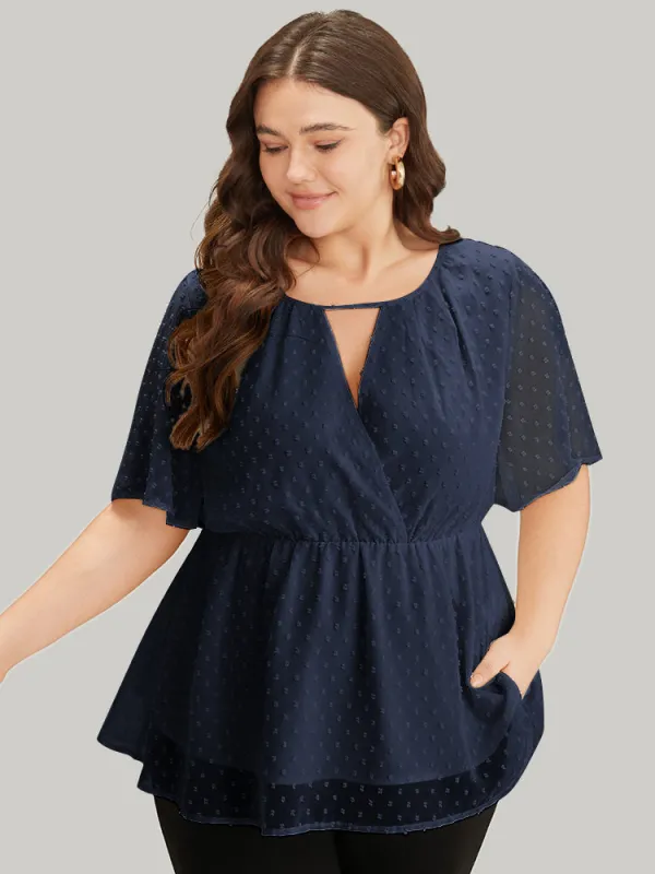 Polka Dot Keyhole Mesh Gathered Flutter Sleeve Blouse sold by Bloomchic