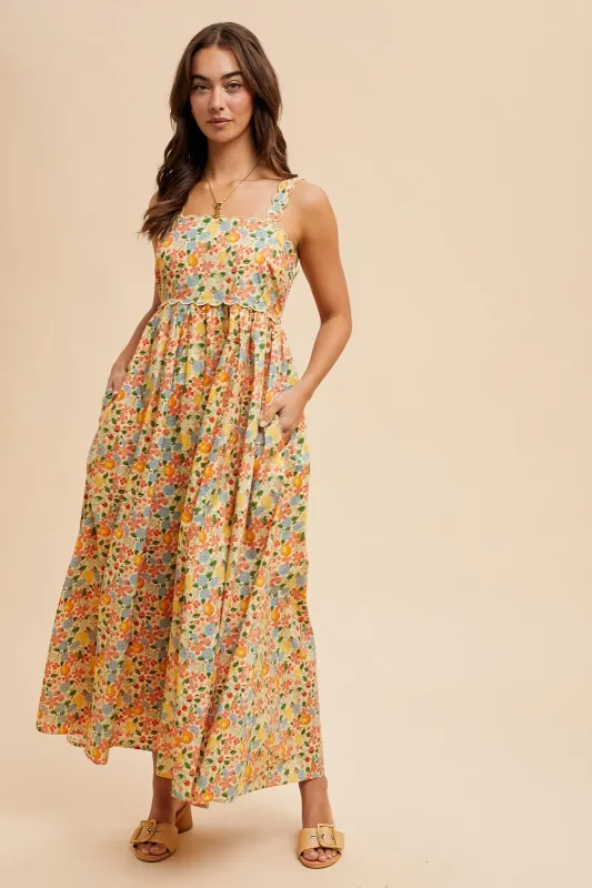Yellow Floral Scallop Detail Sleeveless Maxi Dress sold by Pinkblush