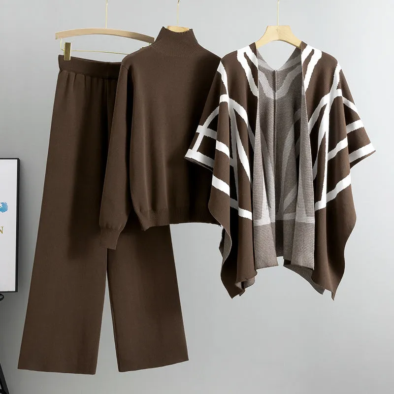 Coffee – Knit Sweater Shawl Three Piece Set sold by Viva Estel
