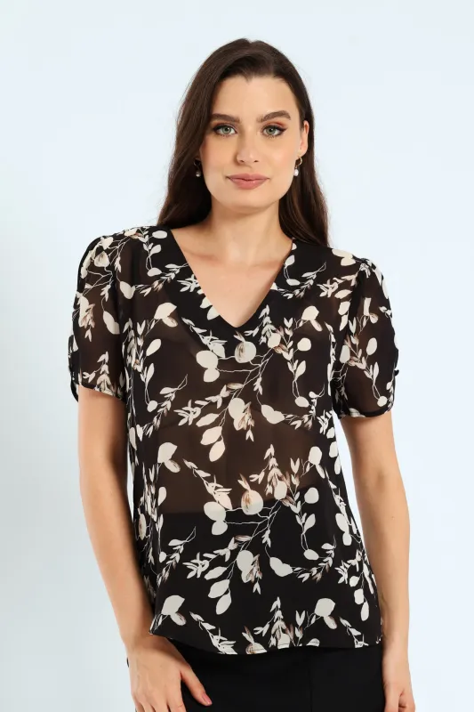 Button Sleeve Monochrome Blouse - Black/Cream sold by Edgars 