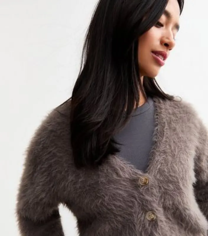 Petite Brown Fluffy Cardigan sold by New Look