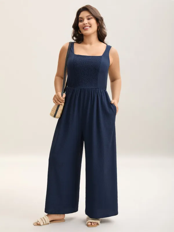 Shirred Pockets Wide-Leg Plain Jumpsuit sold by Bloomchic