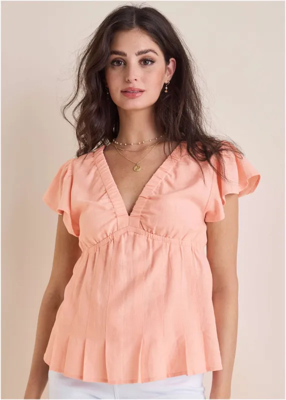 Linen V-Neck Blouse - Peach sold by VENUS