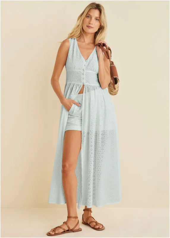 Eyelet Cuffed Button Shorts - Skywriting sold by VENUS