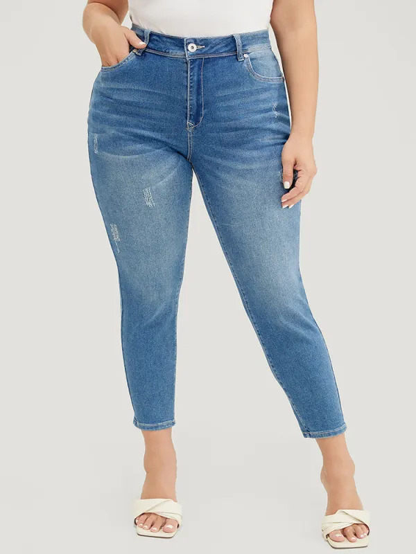 Moderately Stretchy High Rise Dark Wash Cropped Jeans sold by Bloomchic
