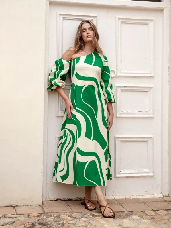 Printed Cotton Poplin Niva Dress - Luze Olive sold by Diarrablu