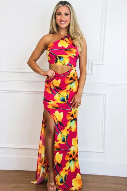 Ava Cutout One Shoulder Maxi Dress: Hot Pink/Orange Floral Multi sold by Bella and Bloom