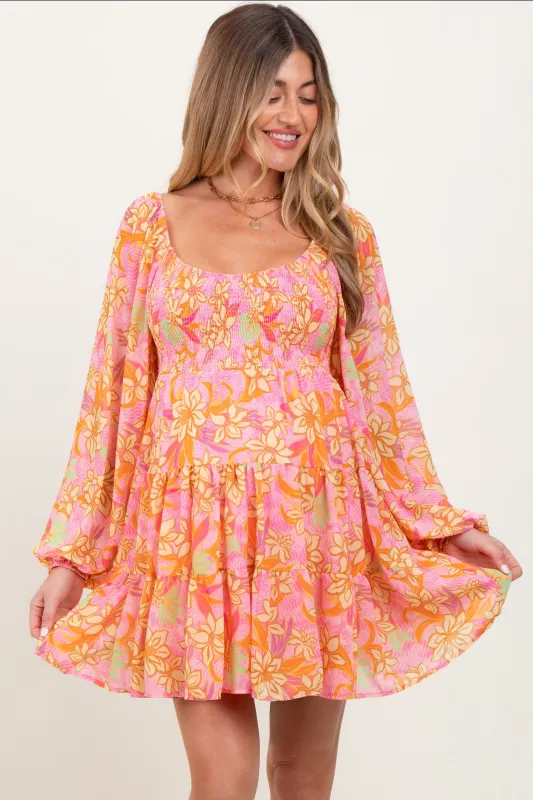 Pink Floral Smocked Bubble Sleeve Maternity Dress sold by Pinkblush