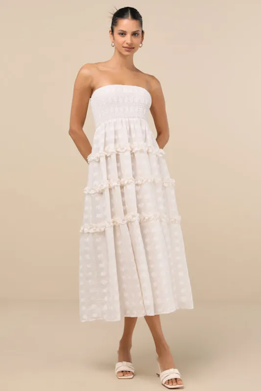 Beautiful Sentiments Ivory Floral Strapless Tiered Midi Dress sold by Lulus