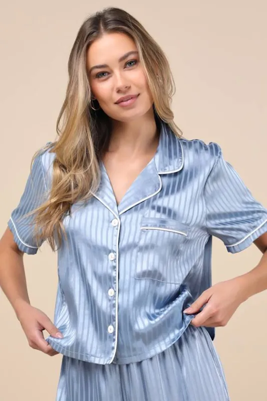 Anyssa Blue Striped Satin Two-Piece Pajama Set sold by Lulus