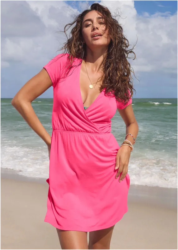 Short Sleeve Cover-Up Dress - Bright Pink sold by VENUS