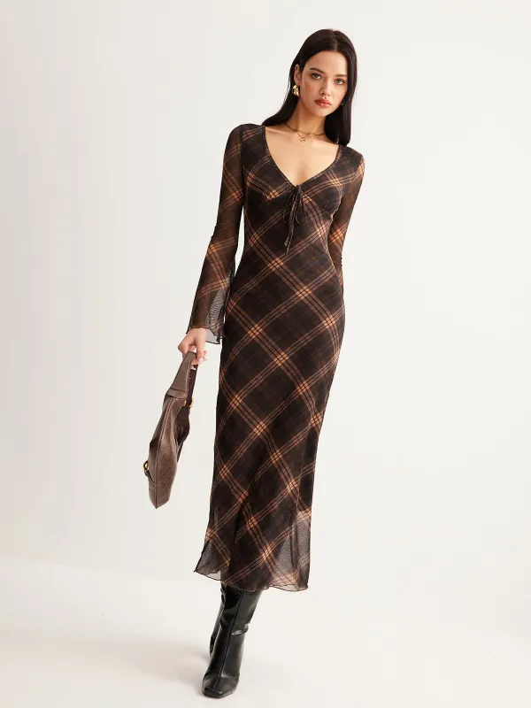 Semi-Sheer Checked Bell-Sleeve Mesh Dress sold by COMMENSE