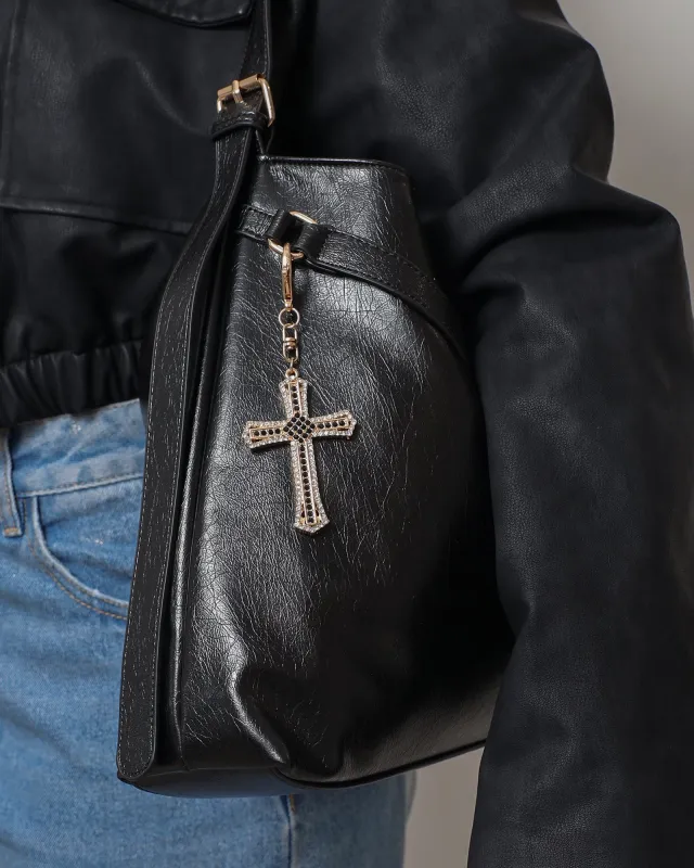 Avah Black DIamante Cross Charm sold by Simmi London