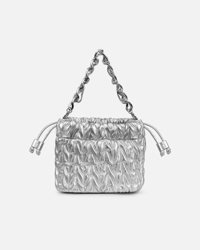 Amanza Silver Mini Chain Bucket Bag sold by Simmi London