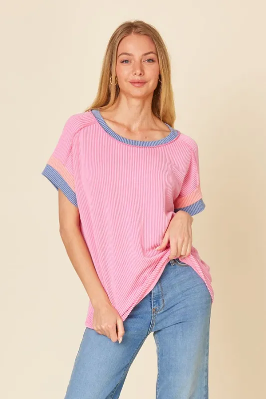 Pink Ribbed Colorblock Detail Short Sleeve Top sold by Pinkblush