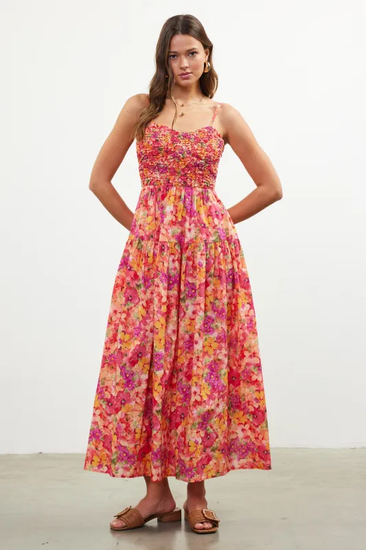 Coral Floral Textured Smocked Maxi Dress sold by Pinkblush
