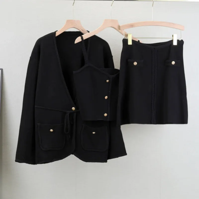 Black – Knit Long Sleeve Cardigan Three Piece Set sold by Viva Estel