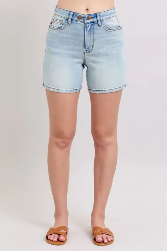 Judy Blue Full Size 2 Button Denim Shorts with Pockets Plus Size sold by Charming Charlie