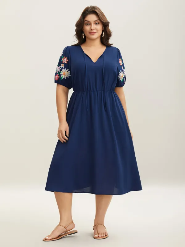 Floral Embroidered Neck Tie Midi Dress sold by Bloomchic