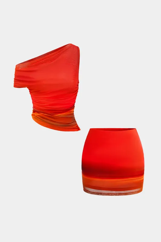 Ombre print mesh plisset asymmetrisk top og nederdel sæt sold by Micas