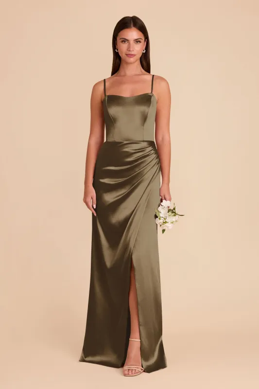 Anne Shiny Satin Dress - Olive sold by Birdy Grey