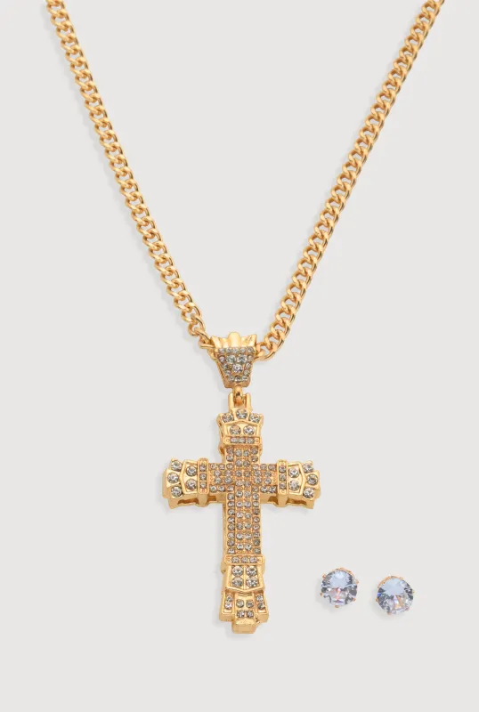 Cubic Zirconia Cross Chain Necklace and Stud Earrings sold by Rainbow
