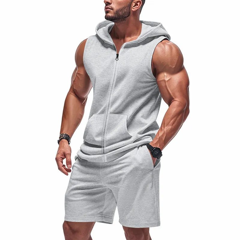 Men's Solid Color Sports Sleeveless Hoody Shorts Two-Piece Set MTA1799C1X sold by Manly
